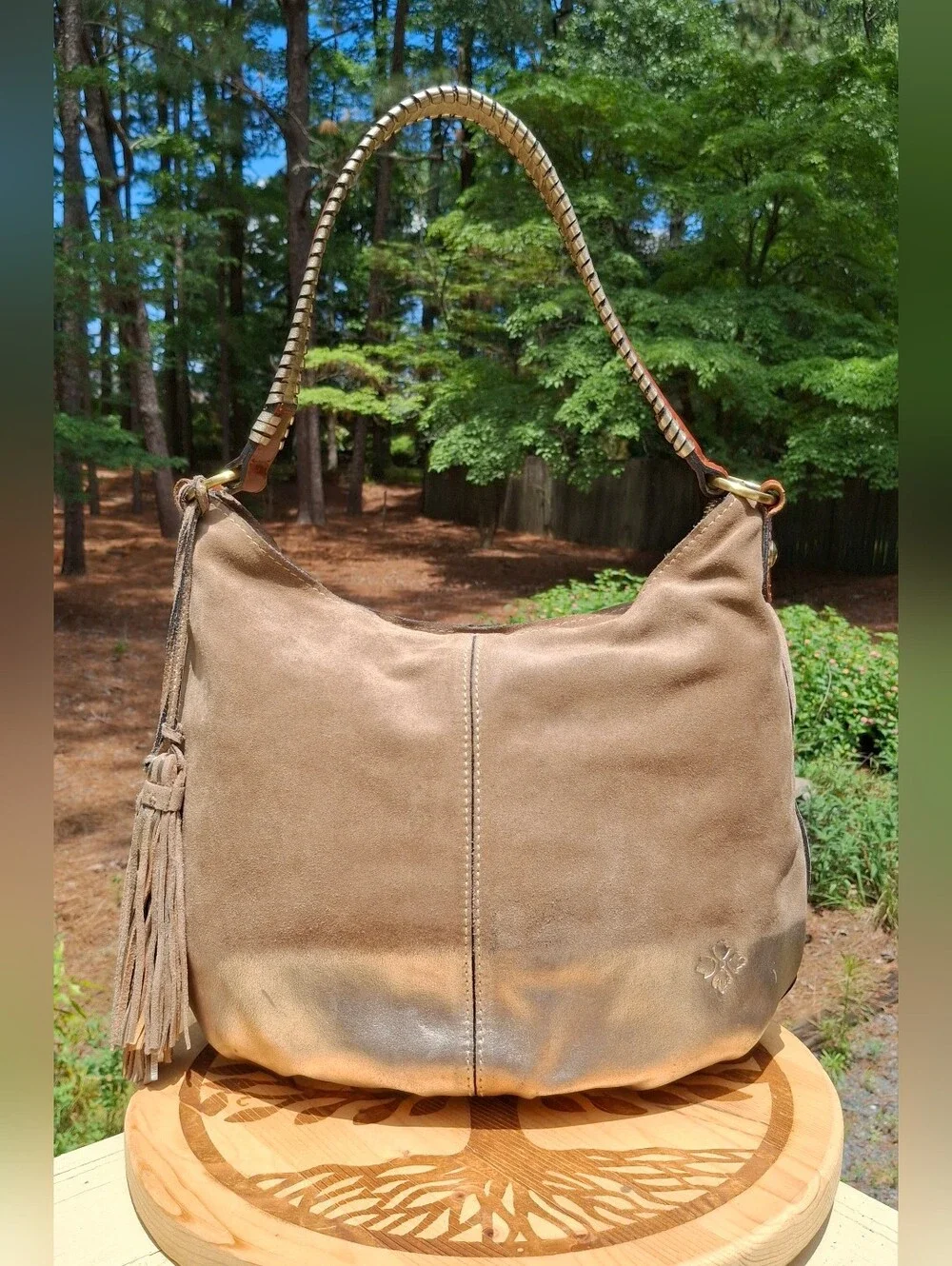 Patricia Nash Gold Ombre Tan Suede Tassel Whipstitch Leather Hobo Bag - Picture 2 of 14